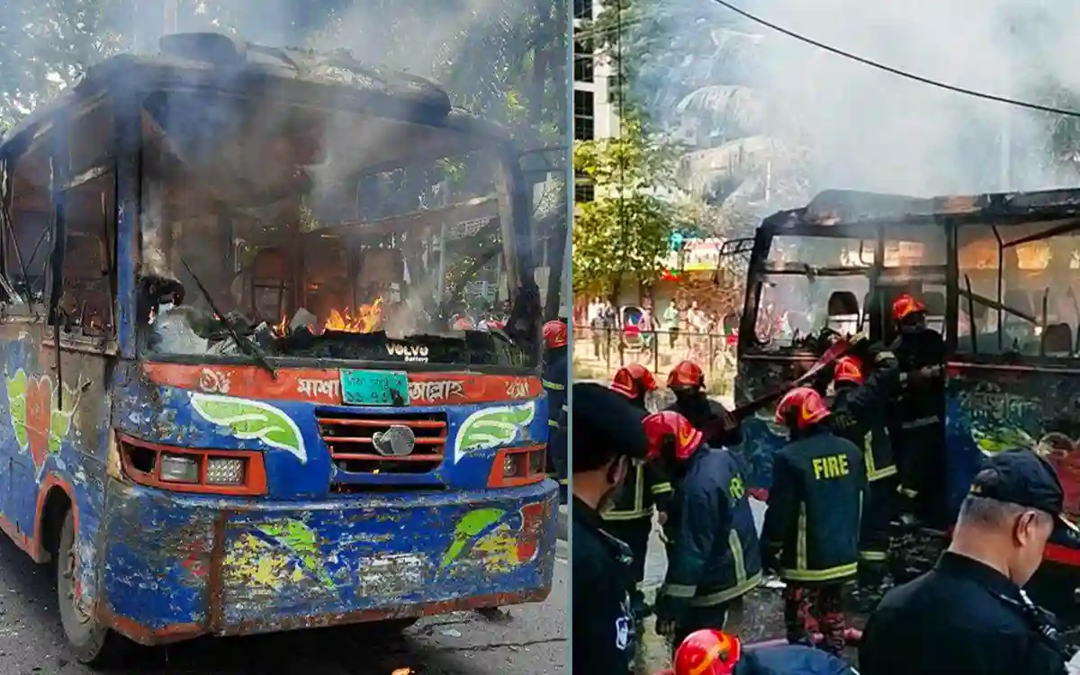Bus caught fire after cocktail burst in Mohammadpur, 1 killed