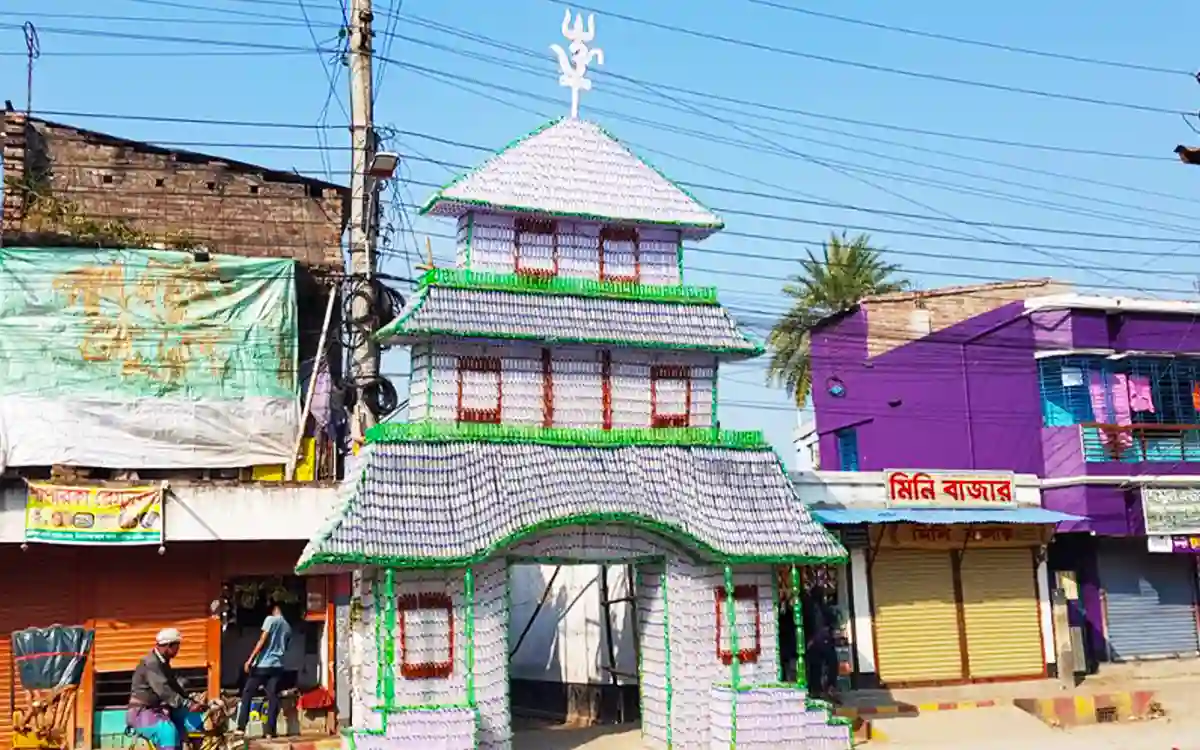 Puja gates are made of empty bottles during autumn Durga Puja
