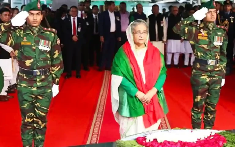 The Prime Minister paid tribute to Bangabandhu's portrait with flowers