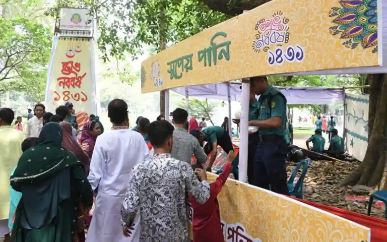 Dhaka Metropolitan Police is distributing water and hand fans on Pahela Boishakh