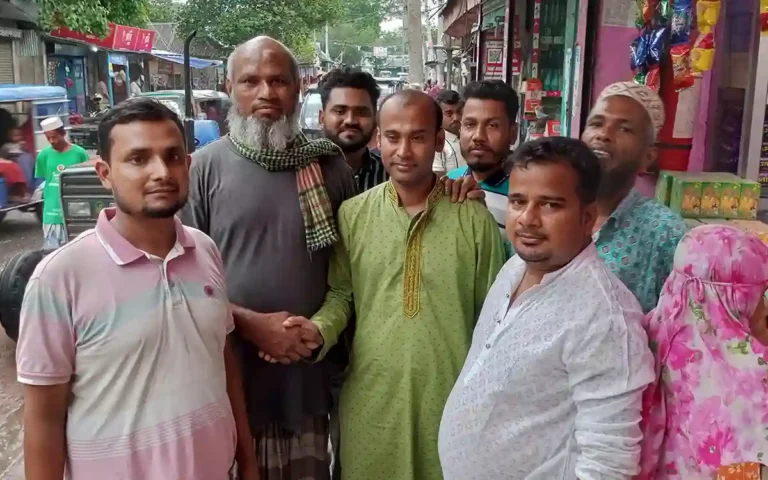 Candidates with Tala Prateek exchanged greetings after the election in Brahmanpara, Cumilla