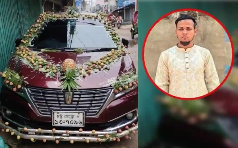 The bridegroom went to his in-laws' house to decorate the wedding car with litchi instead of flowers