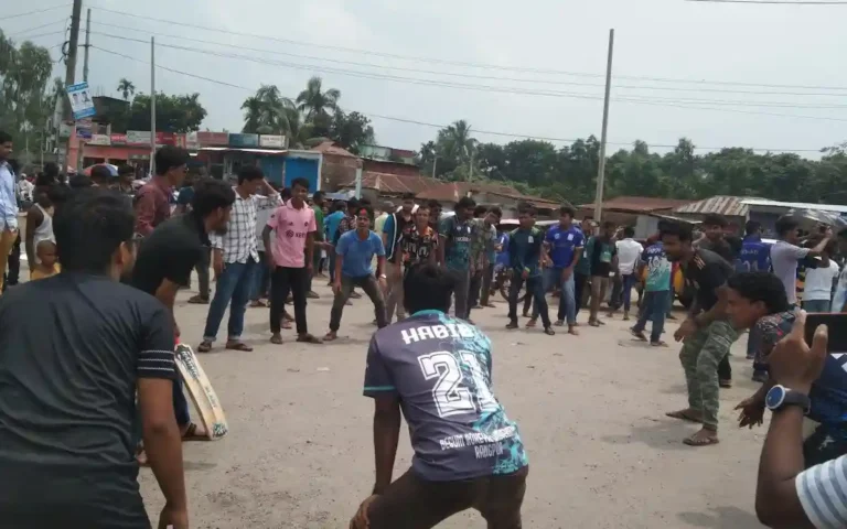 রাস্তা অবরোধ করে ক্রিকেট খেলছেন বেরোবি শিক্ষার্থীরা