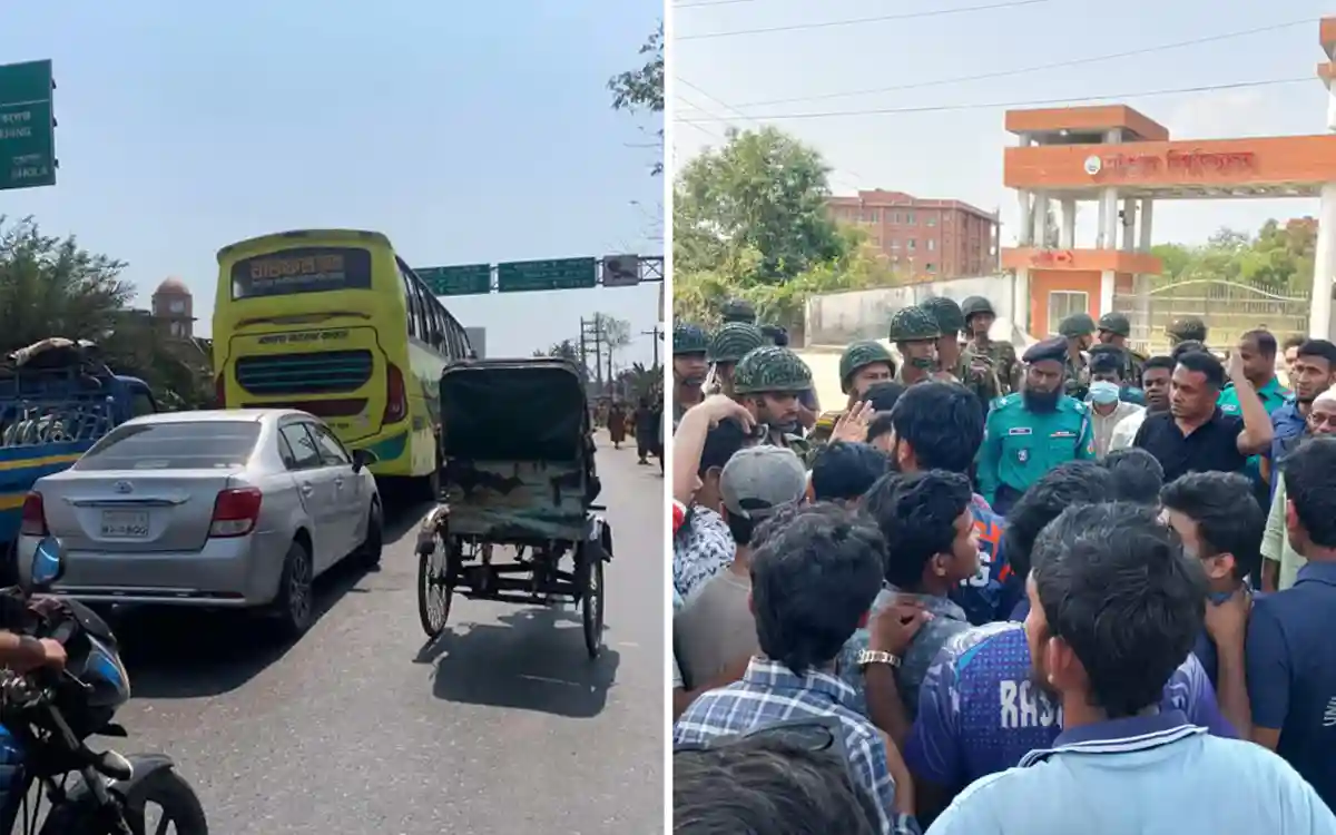 বাস-সিএনজি শ্রমিকদের সংঘর্ষ: তিন ববি শিক্ষার্থী আহত, মহাসড়ক অবরোধ