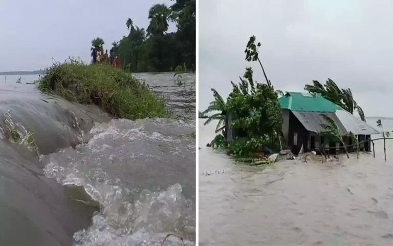 Low-lying coastal areas flooded by rain and tidal water, people stranded