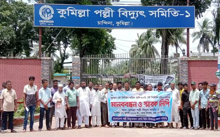 Rising Cumilla -Rural Electrification Board contractors form human chain in Chandina