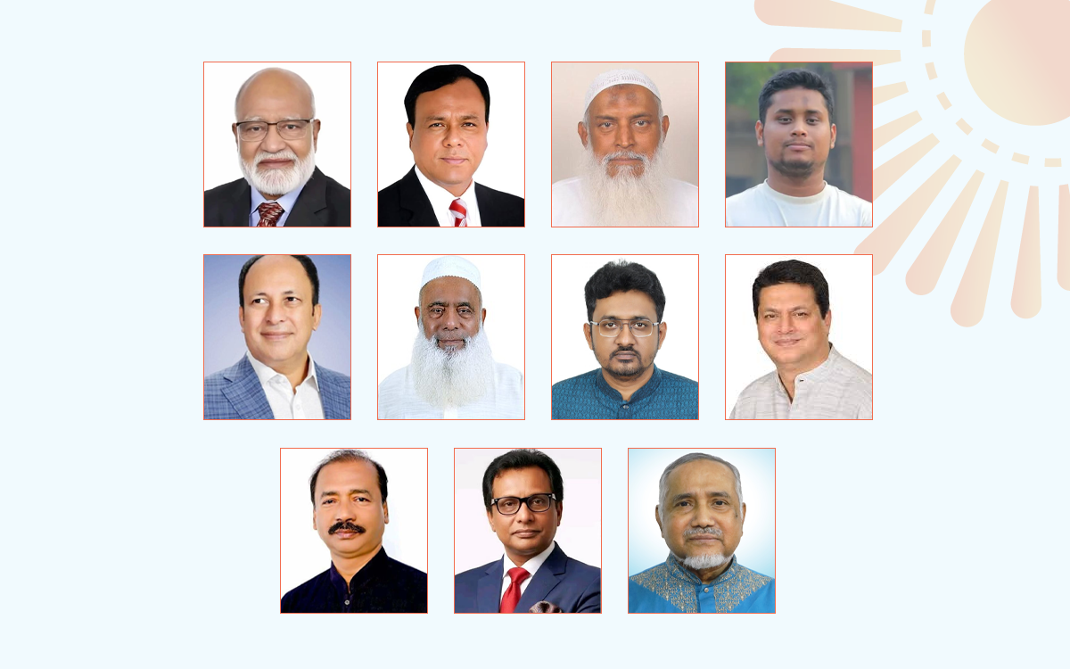 উপরের বামদিক থেকে কুমিল্লা–১ (দাউদকান্দি–মেঘনা) আসনের বিএনপির ড. খন্দকার মোশাররফ হোসেন, কুমিল্লা–২ (হোমনা–তিতাস) আসনের বিএনপির অধ্যক্ষ মো. সেলিম ভূঁইয়া, কুমিল্লা–৩ (মুরাদনগর) আসনের বিএনপির কাজী শাহ মোফাজ্জল হোসেন কায়কোবাদ, কুমিল্লা–৪ (দেবিদ্বার) আসনের জামায়াত নেতৃত্বাধীন জোটের হাসনাত আবদুল্লাহ, কুমিল্লা–৫ (বুড়িচং–ব্রাহ্মণপাড়া) আসনের বিএনপির মো. জসিম উদ্দিন এবং কুমিল্লা–৬ (আদর্শ সদর ও সদর দক্ষিণ) আসনের বিএনপির মো. মনিরুল হক চৌধুরী। নিচের বামদিক থেকে কুমিল্লা–৭ (চান্দিনা) আসনের স্বতন্ত্র প্রার্থী আতিকুল আলম শাওন, কুমিল্লা–৮ (বরুড়া) আসনের বিএনপির জাকারিয়া তাহের সুমন, কুমিল্লা–৯ (লাকসাম–মনোহরগঞ্জ) আসনের বিএনপির মো. আবুল কালাম, কুমিল্লা–১০ (নাঙ্গলকোট–লালমাই) আসনের বিএনপির মোবাশ্বের আলম ভূঁইয়া এবং কুমিল্লা–১১ (চৌদ্দগ্রাম) আসনের জামায়াতের ডা. সৈয়দ আব্দুল্লাহ মোহাম্মদ তাহের।