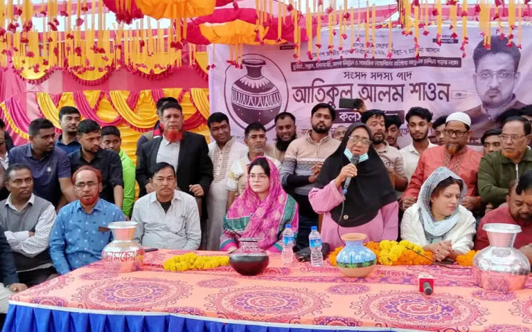 Rising Cumilla - Mother of independent candidate for Comilla-7 constituency seeks votes with pitcher symbol at yard meeting in Chandina