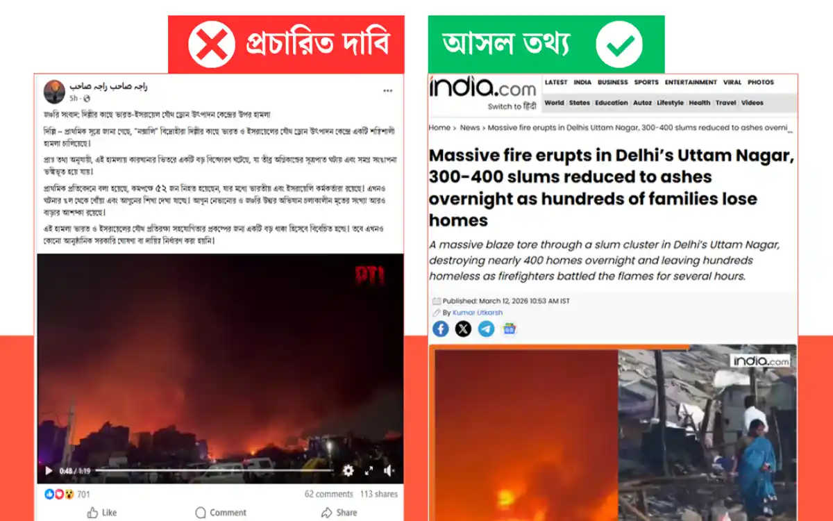 ভারত‑ইসরায়েল যৌথ ড্রোন উৎপাদন কেন্দ্রে হামলার দাবিতে ছড়ানো ভিডিও দিল্লীর মাছের বাজারে অগ্নিকাণ্ডের