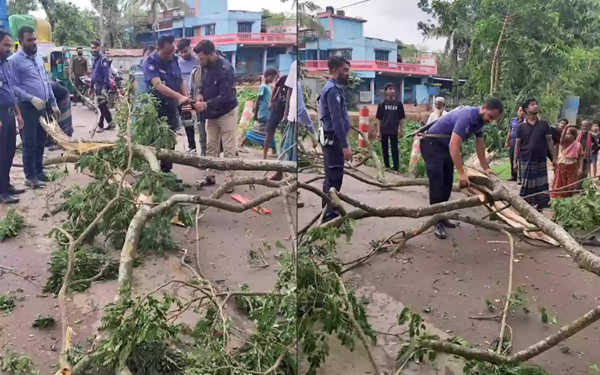 Rising Cumilla - Brahmanbaria's Kasba Police Station removes trees fallen in storm to restore traffic