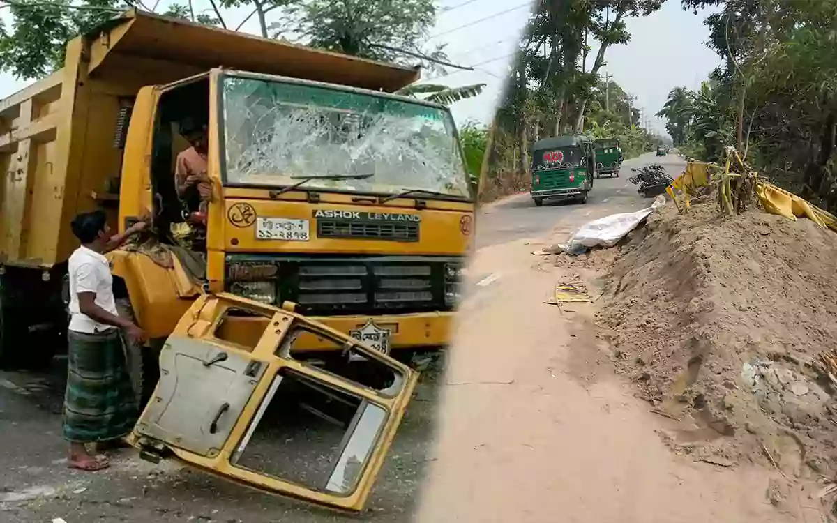 RisingCumilla - CNG passenger dies after being hit by a reckless truck while driving on a pile of sand on the side of the road