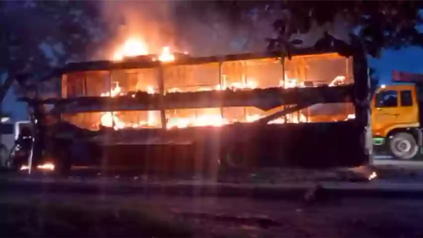 Rising Cumilla - Sleeper coach bus catches fire instantly after rear-ending vehicle in Cumilla
