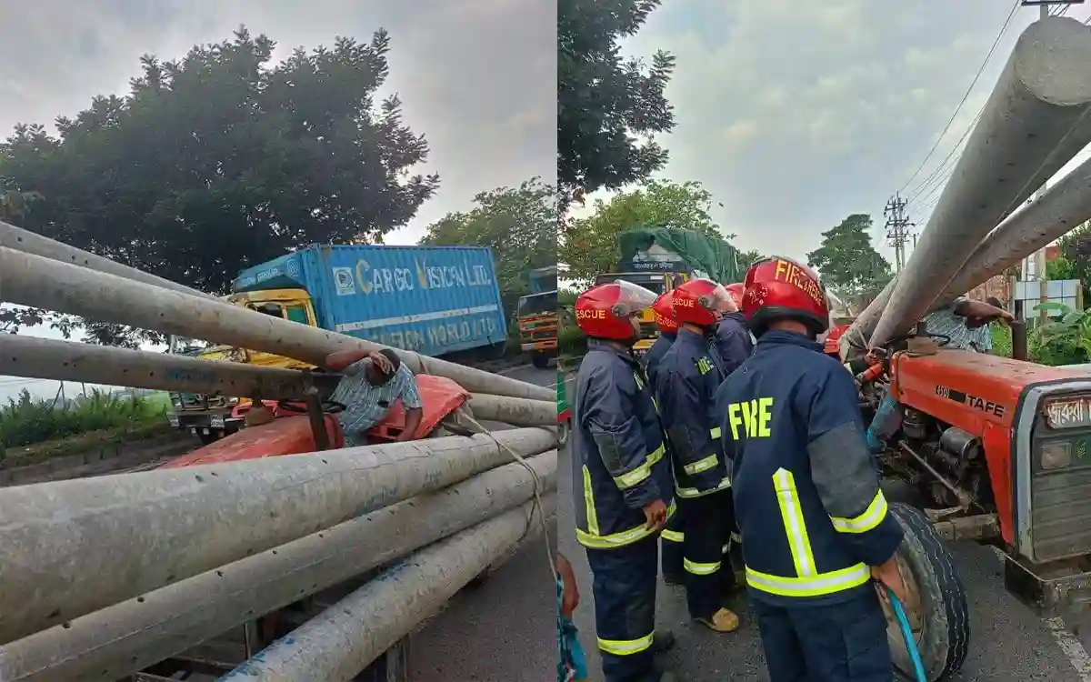 সদর দক্ষিণে ট্রাক্টরের ওপর বৈদ্যুতিক খুঁটি পড়ে চালক অবরুদ্ধ, উদ্ধার ফায়ার সার্ভিসের